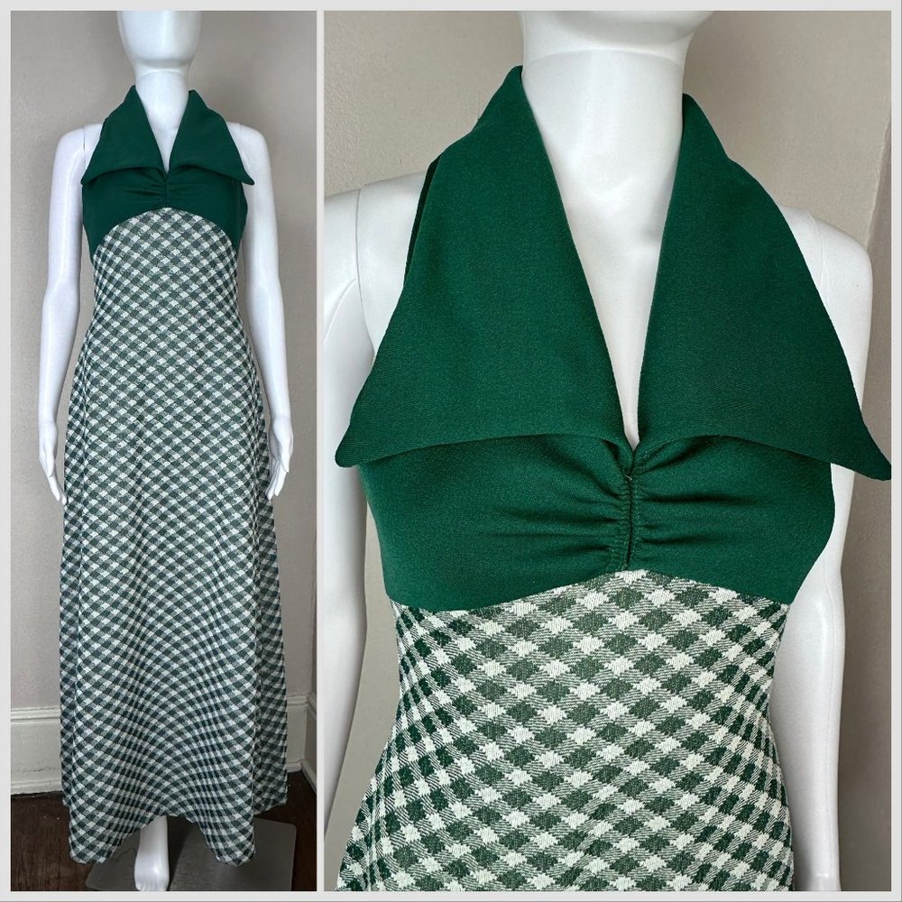 Vintage 1970s Green Plaid Polyester Double Knit Maxi Dress, Huge Collar, Small